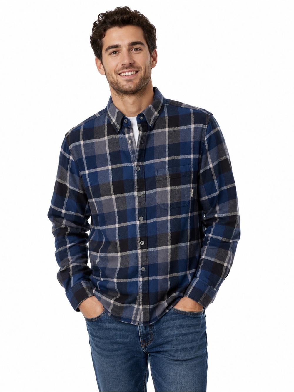 Men's Blue and Black Plaid Button-Down Shirt - 0798